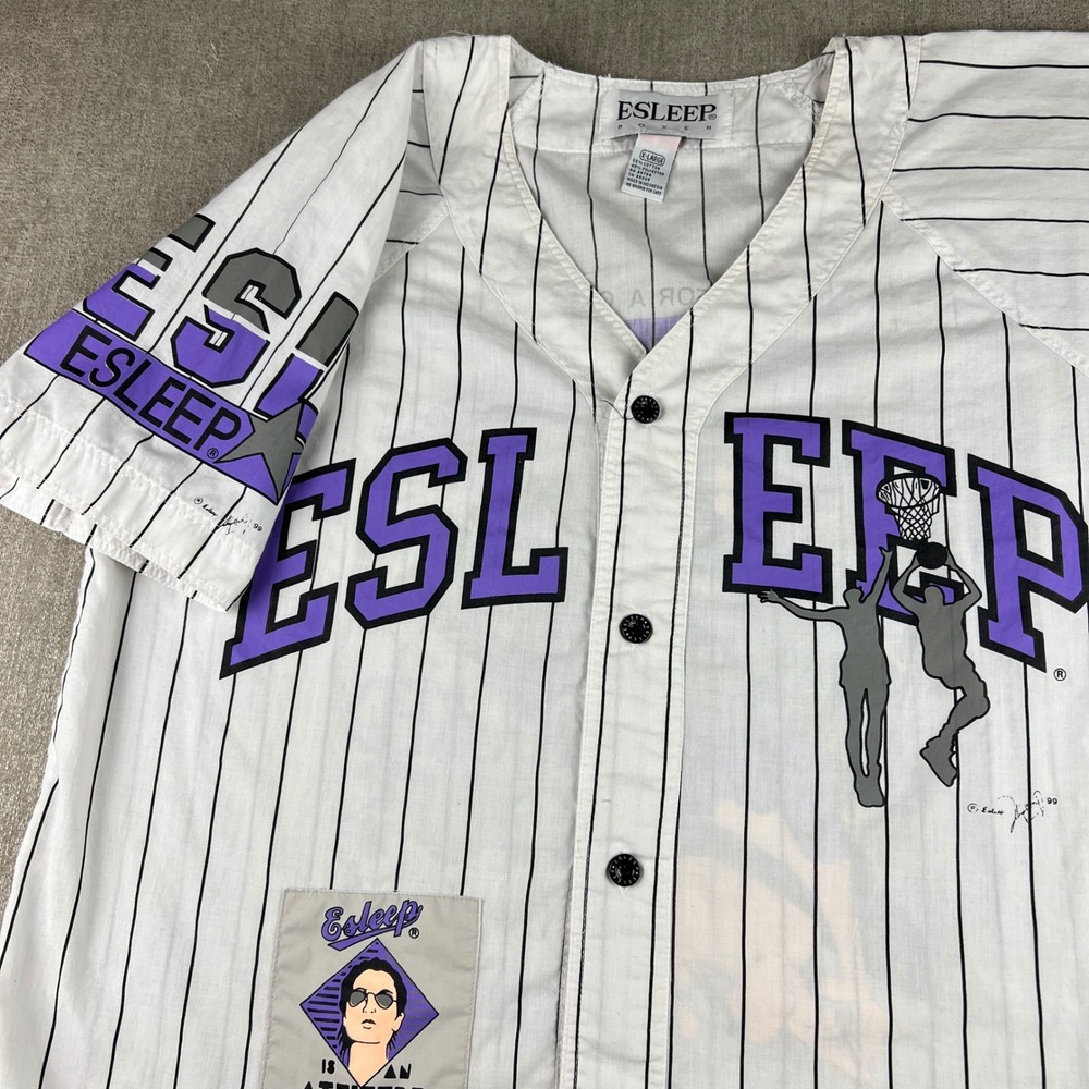 Esleep Baseball Jersey Mens XL White Pinstripe Vintage 90s Basketball Graphic
